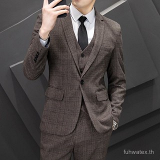ชุดสูทลายตารางสไตล์เกาหลีสำหรับผู้ชาย ชุดสามชิ้นทางการ ชุดแต…