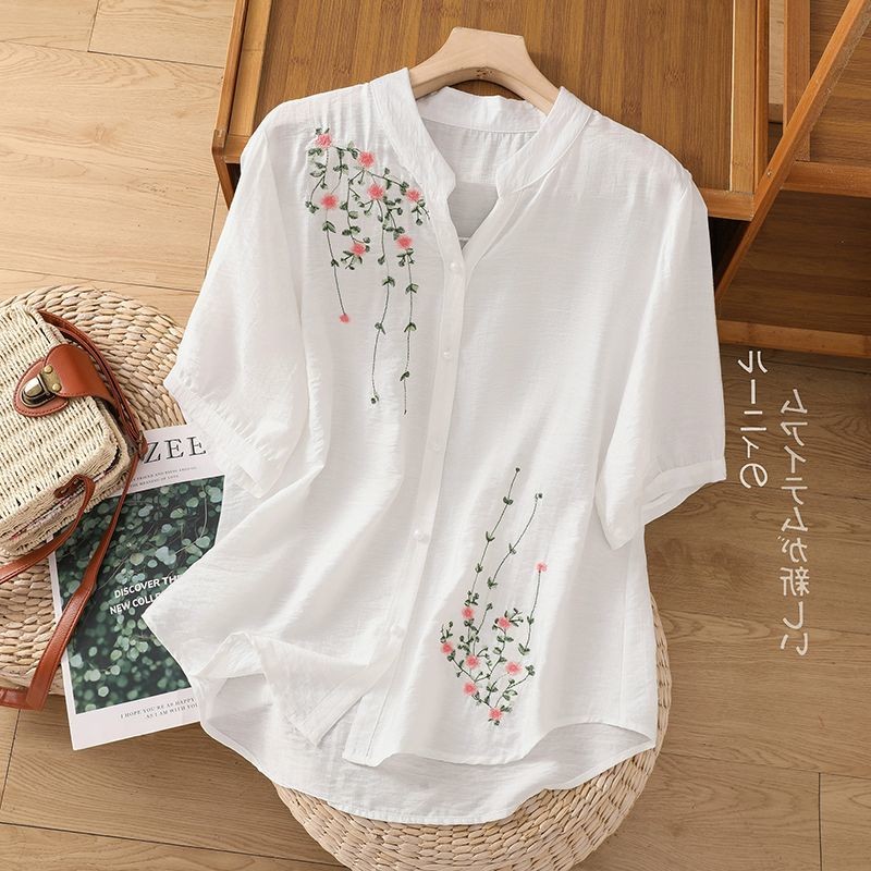 ขนาดใหญ่ เสื้อเชิ้ตผ้าฝ้ายลินินศิลปะย้อนยุคปักลายสำหรับผู้หญิง แขนสั้น หลวม เสื้อเบลาส์ขนาดใหญ่สำหรับผู้หญิง