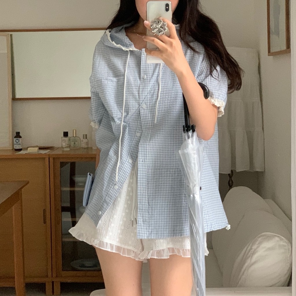 ฤดูร้อนใหม่ผู้หญิงที่เรียบง่ายย้อนยุคลายสก๊อตคลุมด้วยผ้าลูกไม้เสื้อแขนสั้น