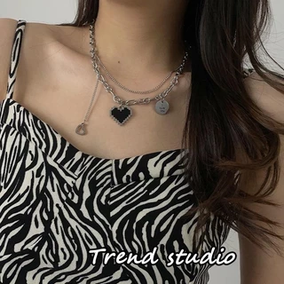 สร้อยคอสไตล์สาวฮอตประจำหน้าร้อน รูปหัวใจสีดำสุดเก๋ ดีไซน์โมเสก โซ่คู่สร้อยคอสุดเก๋ มีสไตล์และสง่างาม