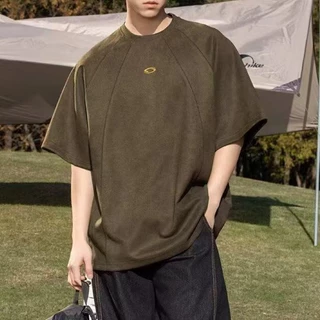 MNO.9 T-shirt 1428 Oversize เสื้อยืดแขนสั้นผู้ชาย คอกลม งานปัก/แต่งแถบหน้าอก ผ้าcottonกึ่งกำมะหยี่ สไตล์เกาหลี เสื้อยืด