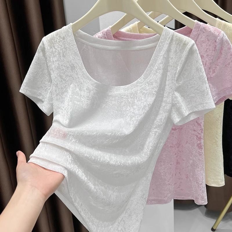 เสื้อยืดผู้หญิงสีขาวขนาดใหญ่ คอเสื้อบางสไตล์ผ้าไหมน้ำแข็ง ลูกไม้ดูผ่านตาข่ายเก๋สำหรับฤดูร้อน