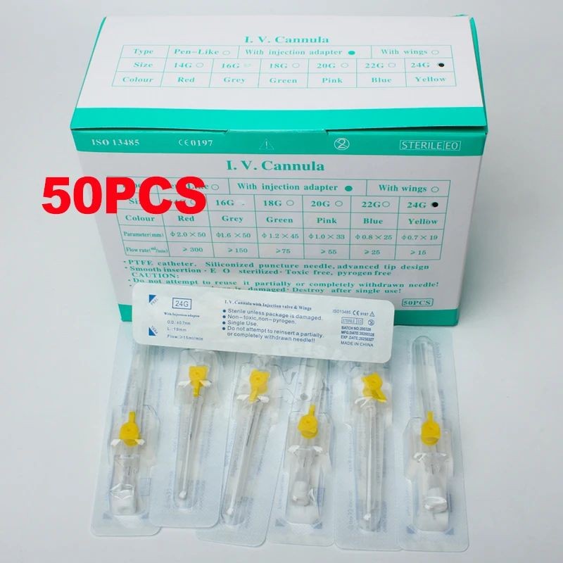 50pcs IV Cannula พร้อมพอร์ตฉีด 20G 22G 24G ผีเสื้อ IV Catheter อุปกรณ์สัตวแพทย์