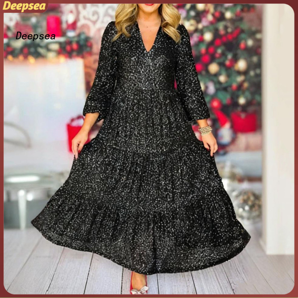 DPA เลื่อมชุด V คอ Maxi สไตล์ A-line สำหรับผู้หญิง เหมาะสำหรับงานพรมแดงและออกเดต