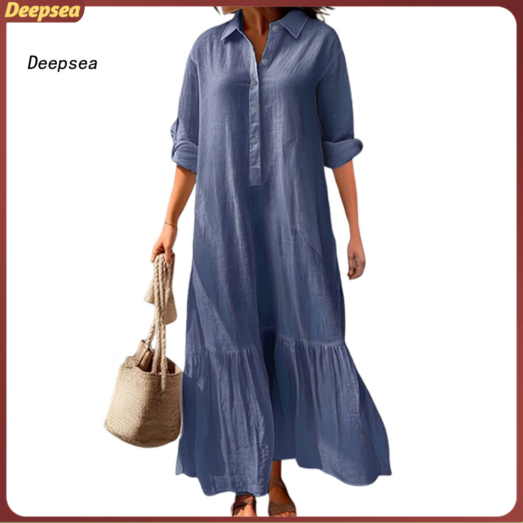 DPA ชุดเดรสเรียบง่ายและทันสมัยชุดเฮ็มหลวม Flowy V คอ Maxi ชุดสตรีลําลองผ้าฝ้ายผ้าลินินเสื้อชุด Plus 