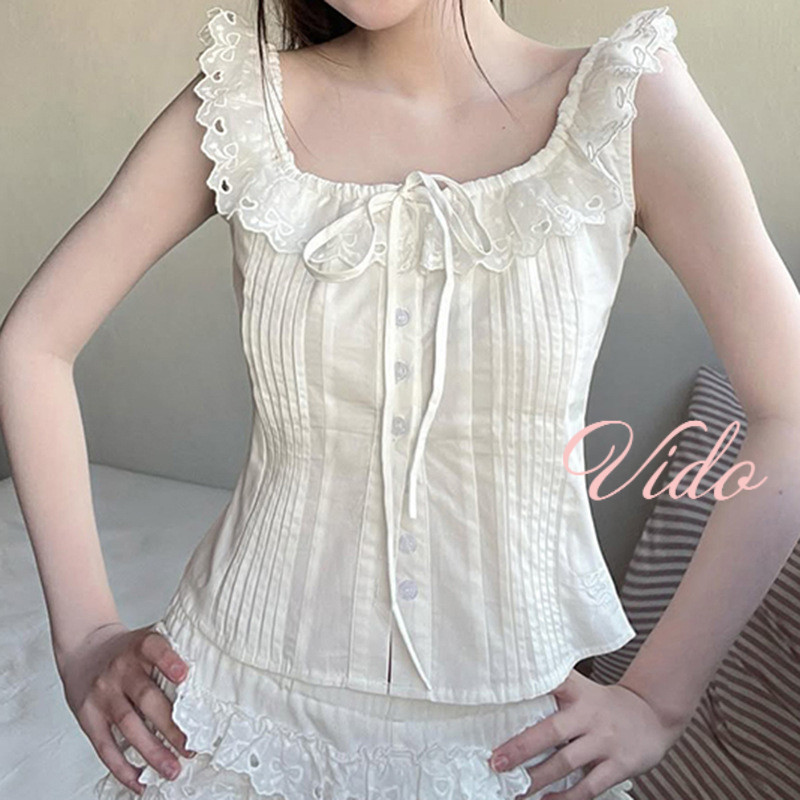 เสื้อยืดลูกไม้สไตล์ฝรั่งเศสสไตล์ย้อนยุคคอวีสีขาวเข้ารูปพอดีตัวสำหรับเด็กผู้หญิง VD