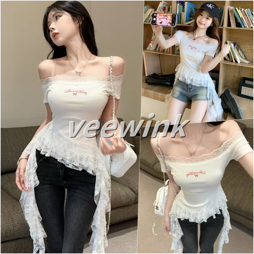 veewink พร้อมส่งจากกทม เดรสขาว เสื้อแขนกุด เสื้อปาดไหล่ ปักลายลูกไม้ ประดับโบว์ เหมาะกับฤดูร้อน สําหรับผู้หญิง(S-XL)