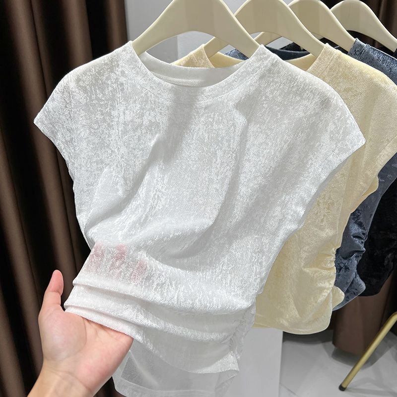 ตาข่ายแขนสั้นเสื้อยืดผู้หญิงฤดูร้อน 2025 ผอมลง ดูแฟชั่นเย็นรู้สึกขนาดเล็กบินแขนภายในสั้น จุดต่ําสุด สูงสุด