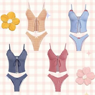 🌸ชุดบิกินี่ 2 ชิ้น พร้อมแผ่นเสริมหน้าอก ลายดอกไม้ ผ้าเนื้อนุ…