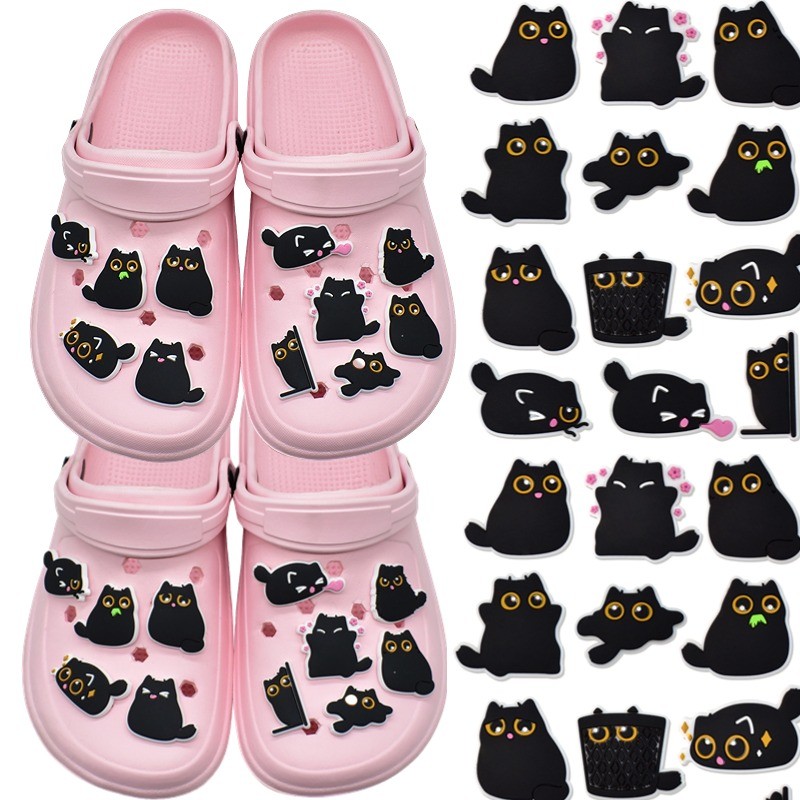 น่ารักใหม่พีวีซียางนุ่มแมวดําชุดรองเท้าเสน่ห์ตกแต่งสําหรับเด็กรองเท้าอุปกรณ์เสริม