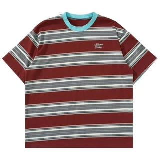 CLIFF เสื้อยืดแขนสั้น การออกแบบลายทาง สีต่อ แบบหลวมลำลอง ฤดูร้อนรุ่นใหม่