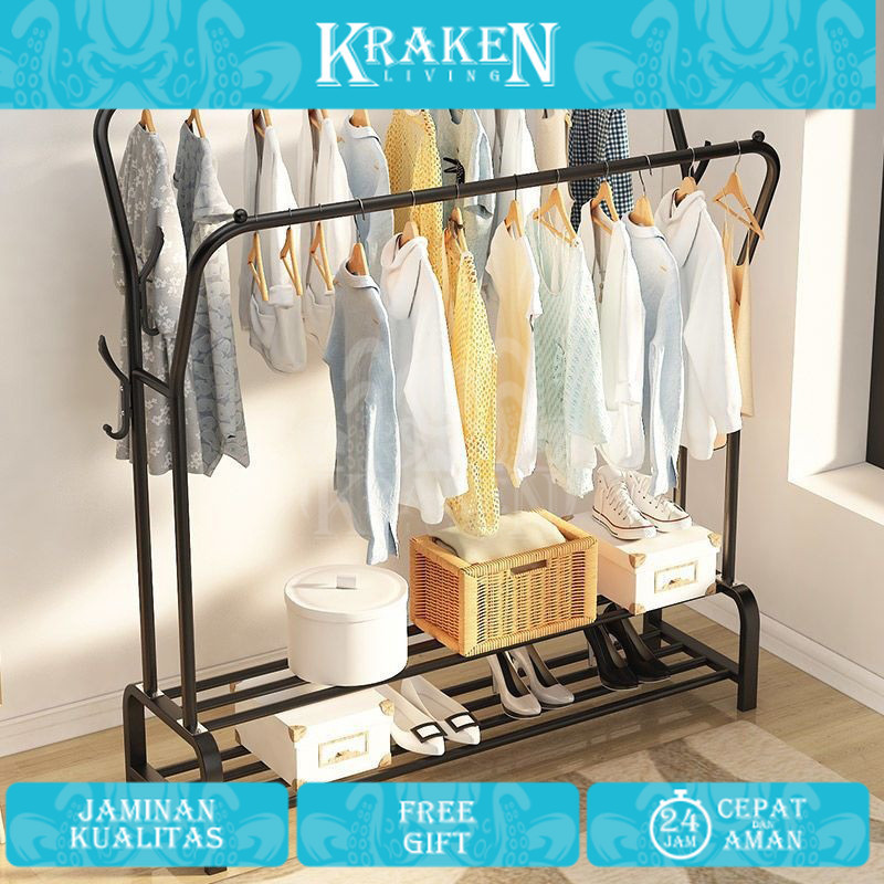 GANTUNGAN ขาตั้งใหญ่ไม้แขวนเสื้อคู่ชั้นวางกางเกงกระเป๋าอเนกประสงค์ Clothesline แบบพกพาแขวนจอแสดงผล B