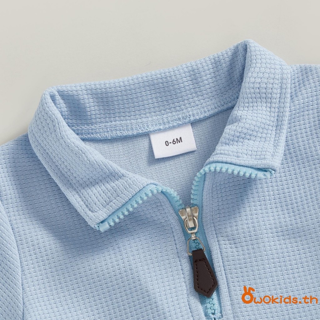 Toddler Boys ชุดฤดูร้อนสีทึบซิปอัพแขนสั้นวาฟเฟิลท็อปส์กางเกงขาสั้นเอวยางยืด 2 ชิ้นชุดเสื้อผ้า - รูปที่ 5