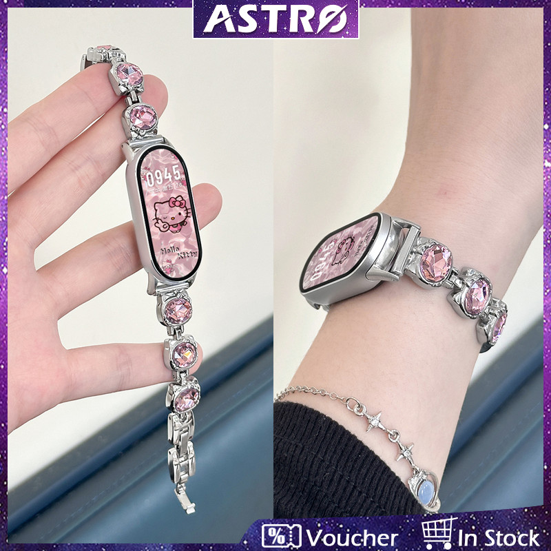 ASTRO น่ารักการ์ตูน Kitty เพชรเปลี่ยนสายสําหรับ Xiaomi band 9 Pro 8 7 6 5 4 3 NFC,Luxury โซ่โลหะสแตนเลสสายรัดข้อมือสําหรับ Redmi watch 5/4 smart watch สร้อยข้อมือ