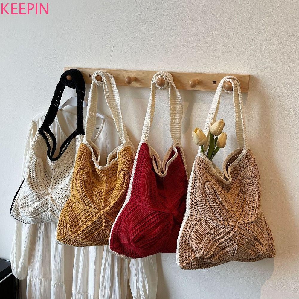 KEEPIN กระเป๋าถักข้าม, กระเป๋าโครเชต์แฮนด์เมดสันทนาการ, อินเทรนด์ Boho Hollow ความจุขนาดใหญ่สาน Tote Bag Travel
