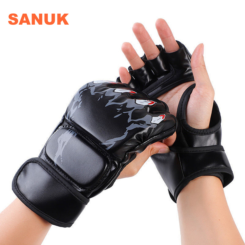 SANUK นวมชกมวย 1 คู่ ถุงมือครึ่งนิ้วสำหรับต่อสู้และฝึกซ้อม อุปกรณ์ออกกำลังกาย