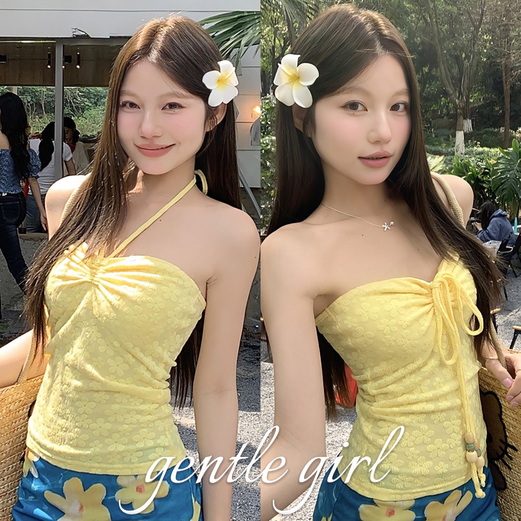 #GG🎀เสื้อเปิดไหล่สีเหลืองสไตล์เกาหลีสำหรับผู้หญิง เสื้อกล้ามเปิดไหล่ สไตล์ชายหาดในฤดูร้อน สาวร้อนแรง สลิมฟิต เซ็กซี่