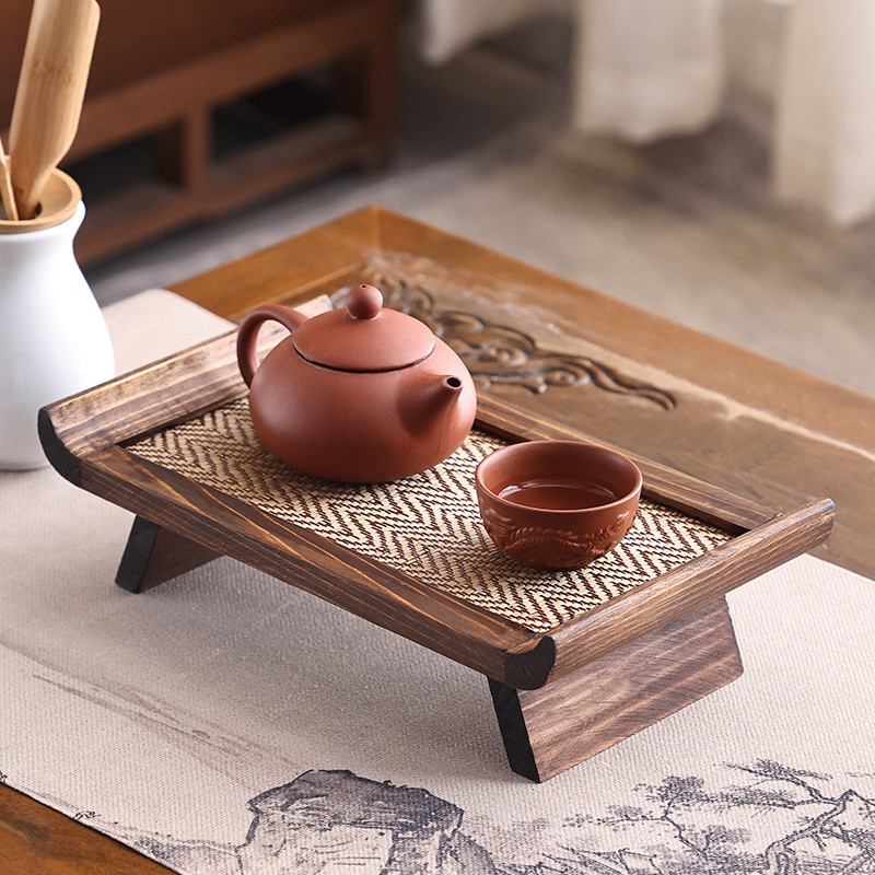 Abnormal Thai Retro สี่เหลี่ยมผืนผ้าชุดชาถาดจีนถาดชาแห้งในครัวเรือนไม้ไม้ไผ่หวายถาดชา 6B3P