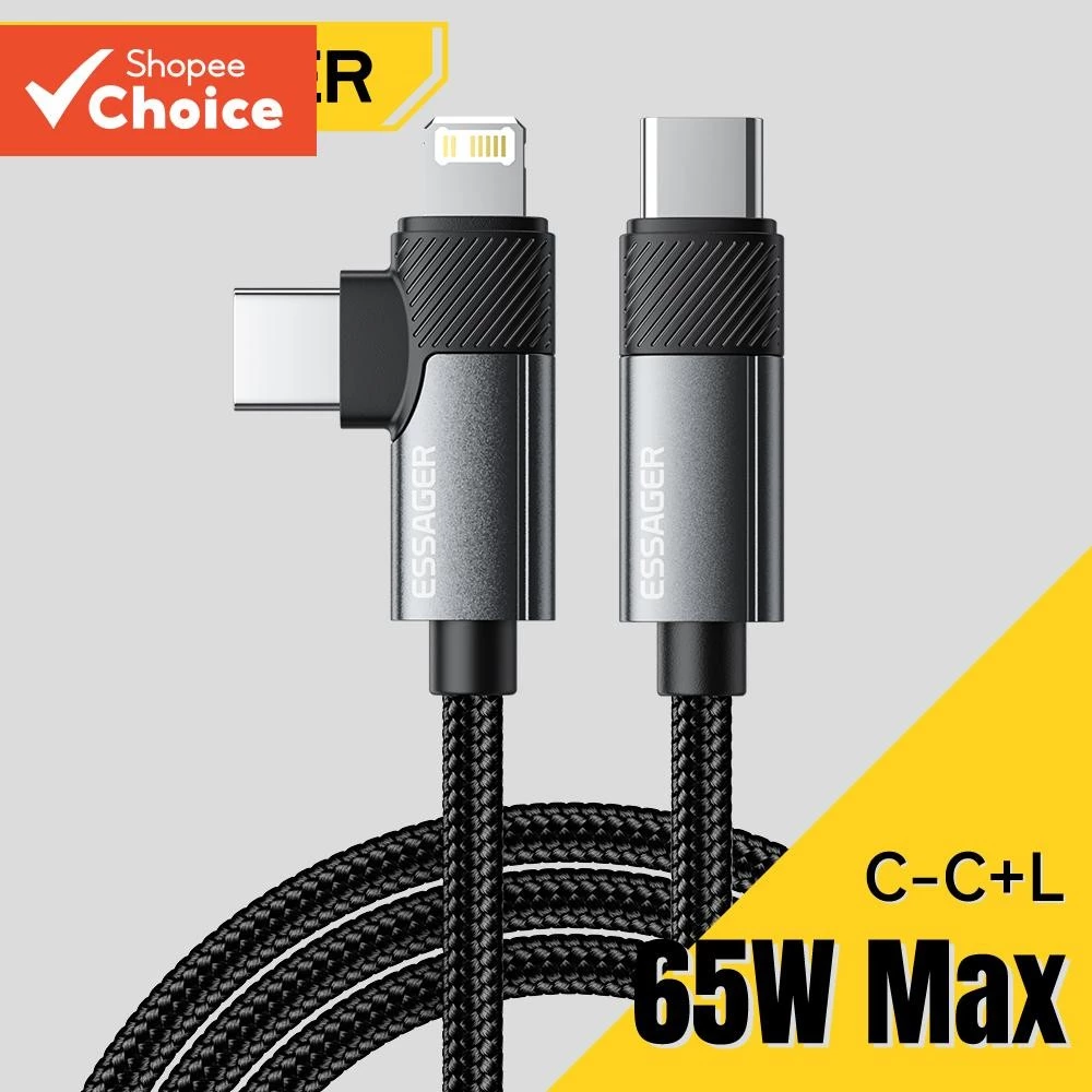 สายชาร์จ Essager 2 in 1 USB C to USB C ชาร์จเร็ว 65W PD สำหรับ iPhone 15 14 Pro Max และ Xiaomi