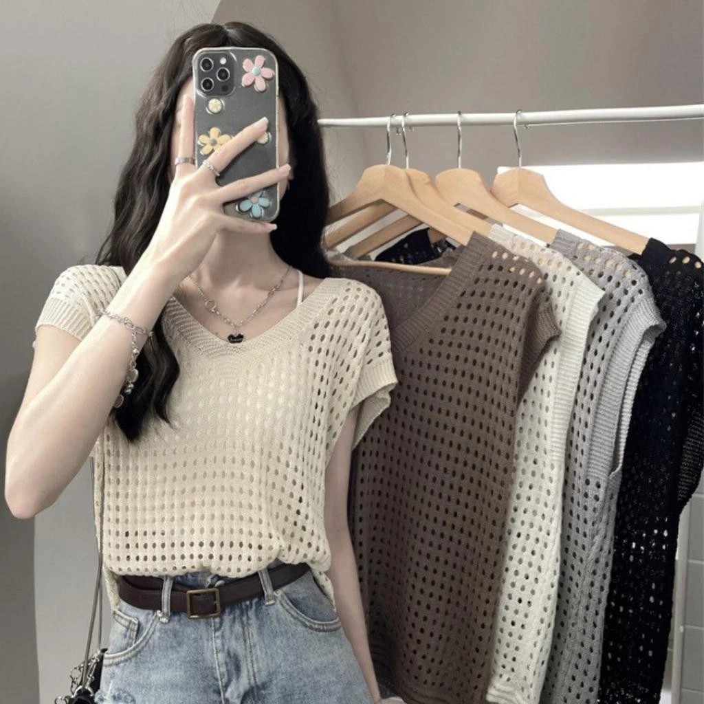 YY106 เสื้อยืดตาข่ายแขนกุด ผ้าไหมพรมยืด ใส่สบาย ฟรีไซส์ สไตล์เกาหลีสุดน่ารัก ระบายอากาศ