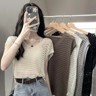 YY106 เสื้อยืดตาข่ายแขนกุด ผ้าไหมพรมยืด ใส่สบาย ฟรีไซส์ สไตล์เกาหลีสุดน่ารัก ระบายอากาศ