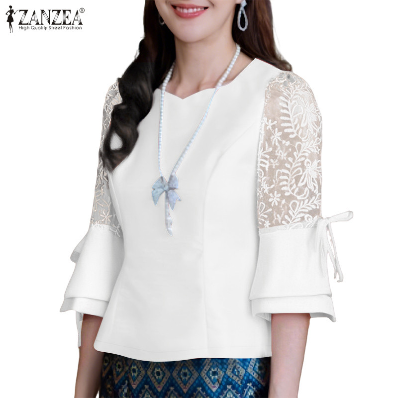 ZANZEA ผู้หญิงเกาหลีที่เงียบสงบหรูหรา Sweetheart Collar Flare Sleeve ลูกไม้โครเชต์ สปไลซิ่งเสื้อ — صورة 6