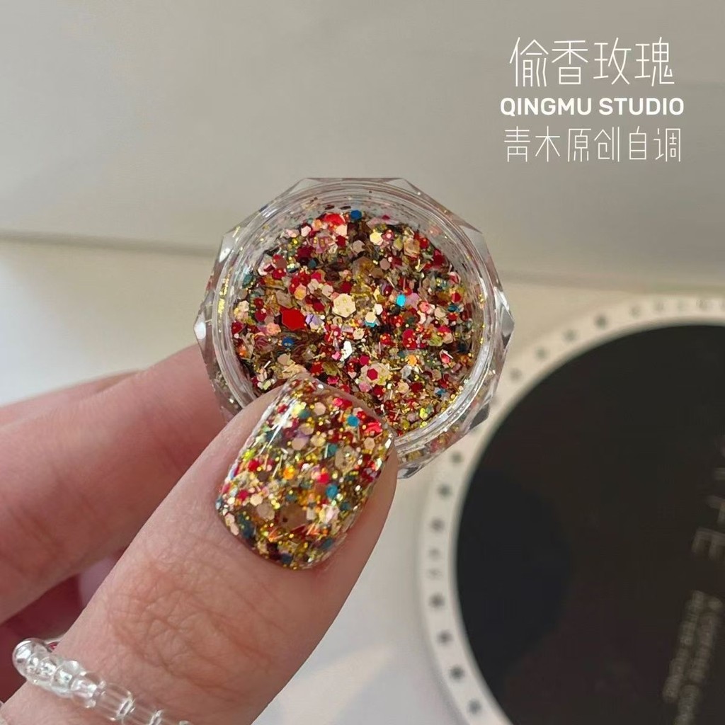 Original Self-Tunning Nails Sequins-Stealing Fragrance Rose Small Medal Style Bright Red Gold Contrast Color