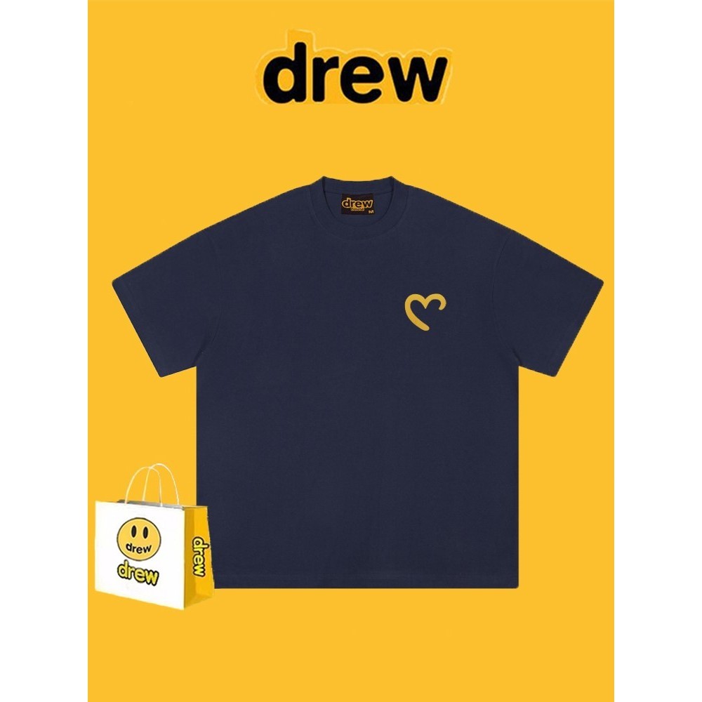 Drew Love Heart พิมพ์ผ้าฝ้ายแท้แขนสั้นเสื้อยืดผู้ชายผู้หญิง Niche Street สวมใส่ฤดูร้อนอเมริกันหลวมสบายๆเสื้อคู่