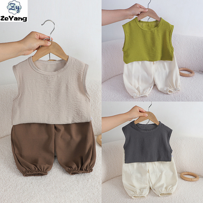 [ซี่] 80-150พร้อมสต็อกเด็กผ้าไหมน้ําแข็งผ้าลินินเสื้อกั๊กสูทชุดลําลองเด็กแขนกุดด้านบนกางเกงข้อเท้ายาวชุดสองชิ้นแฟชั่นเสื้อผ้าเด็กจัดส่งที่รวดเ