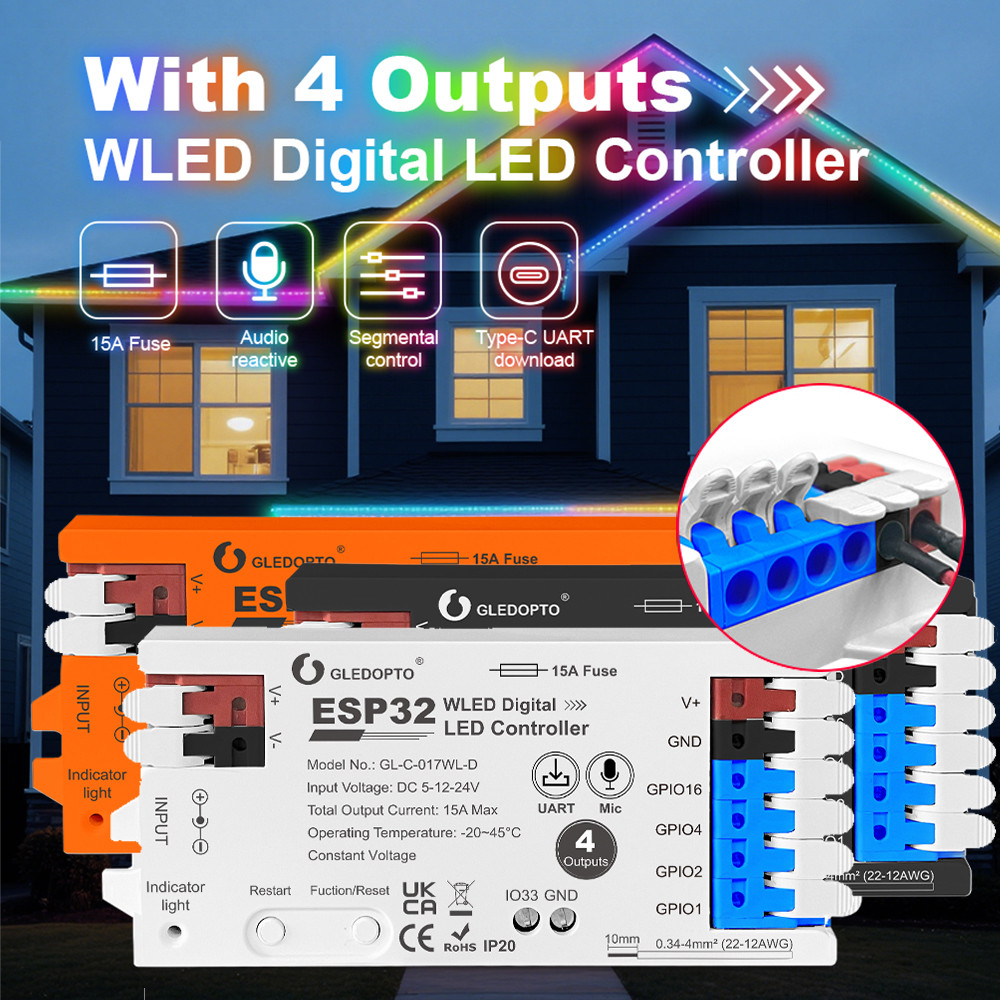 GLEDOPTO 4 ช่อง ESP32 WLED Controller 017WL 15A ฟิวส์ระดับ Shifter UART ดาวน์โหลด DIY แบบไดนามิกโหมด APP ควบคุมเสียง