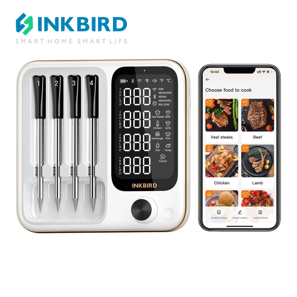 INKBIRD INT-14-BW WiFi Bluetooth เครื่องวัดอุณหภูมิเนื้อดิจิทัลไร้สาย ความแม่นยำสูง พร้อมหัววัด 4 หัว สำหรับบาร์บีคิว การอบ