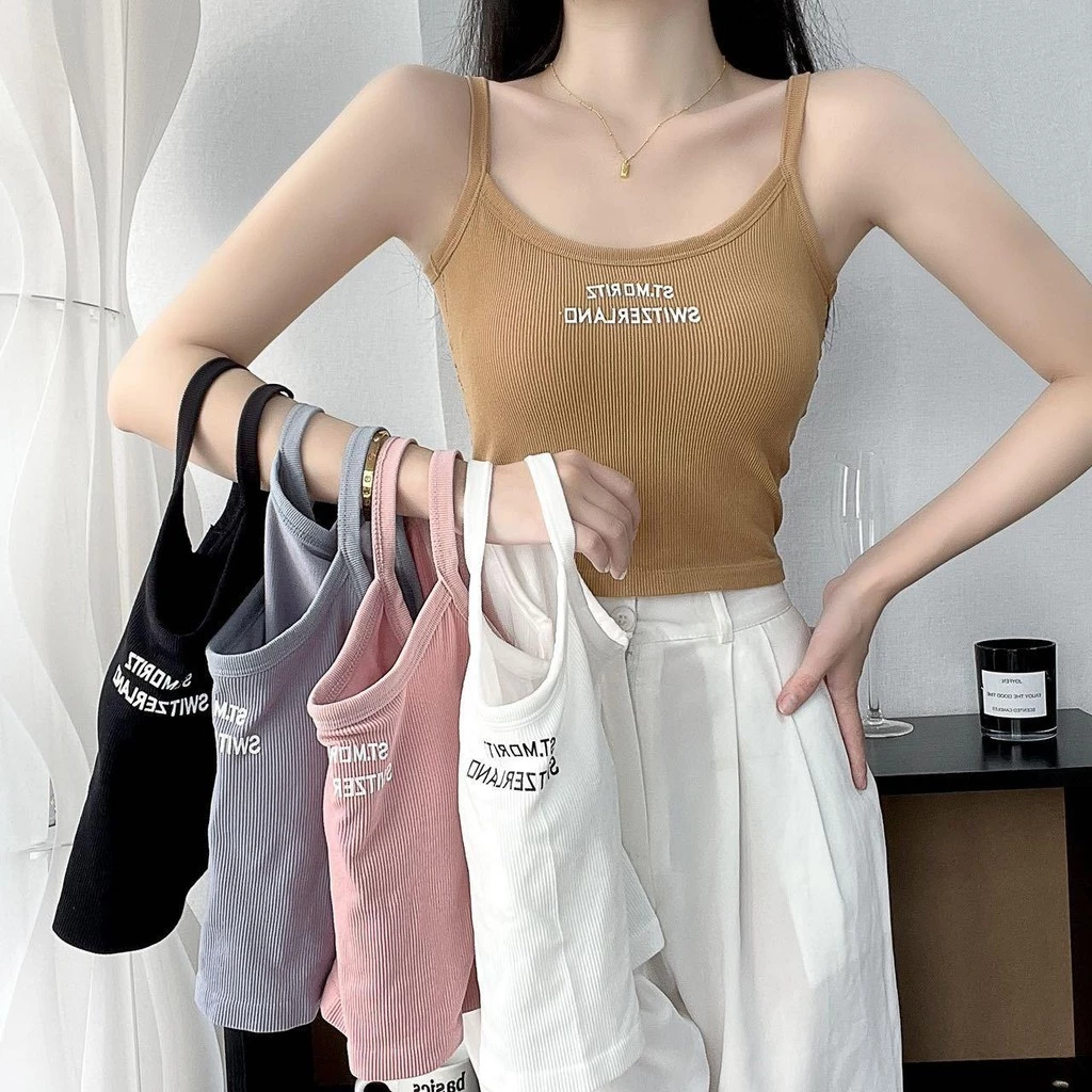#473 เสื้อครอปสีพื้น สายเดี่ยวลายอังกฤษ สุดเซ็กซี่น่ารักสดใส วัยใส ยกกระชับหน้าอก สุดฮิตราคาถูก