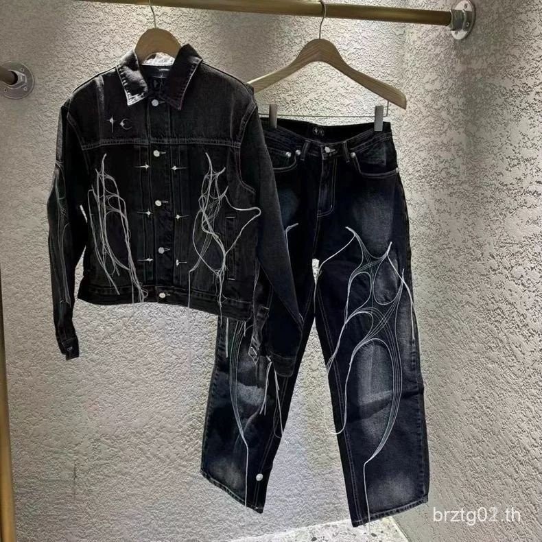 Thug Club ชุดแจ็คเก็ตยีนส์สั้นกว้างสีดําพร้อมงานปัก Cleanfit ♥ ♥