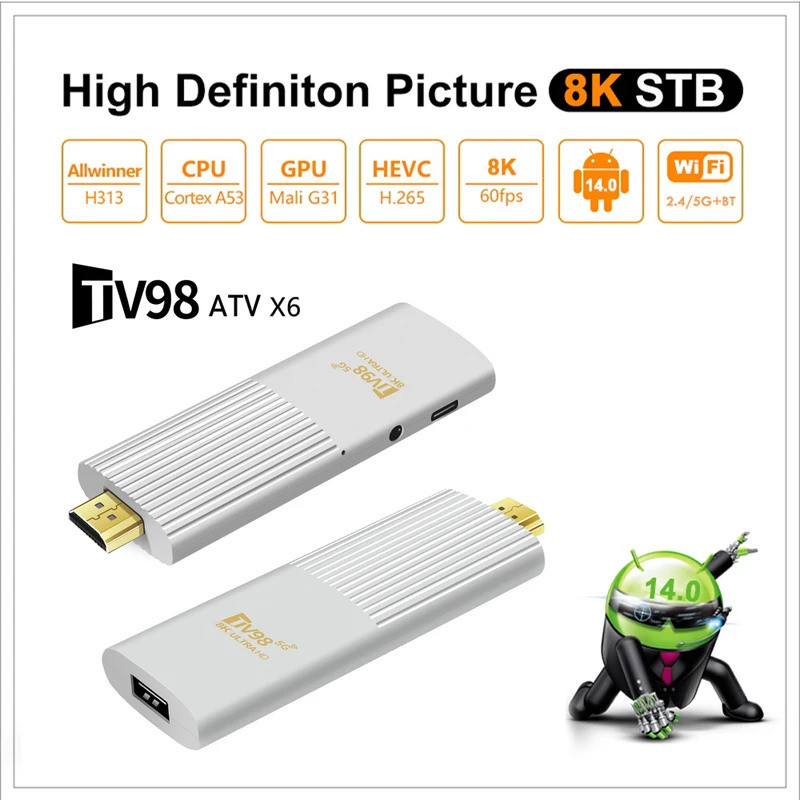 TV98 ATV X6 TV Stick Android 14 Wifi 4G 5G 8K 4K H313 Media Player PK TV98 ATV 8K BT5.0 2GB 8GB Voic