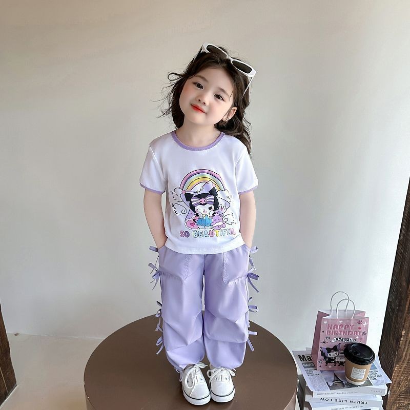 Lemon-tree 1-10Y ชุดโบว์น่ารักสําหรับเด็กผู้หญิงการ์ตูน Kuromi แขนสั้นกีฬาสันทนาการฤดูร้อนชุดสองชิ้นบาง