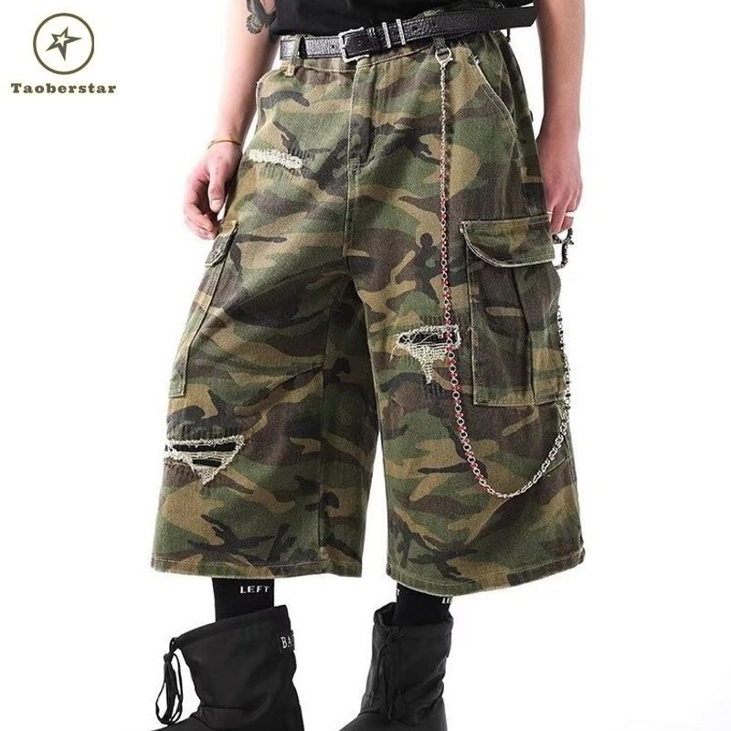 Taoberstar Mens High Street Wear Looking Washed-out Cargo Shorts Mens Loose Straight