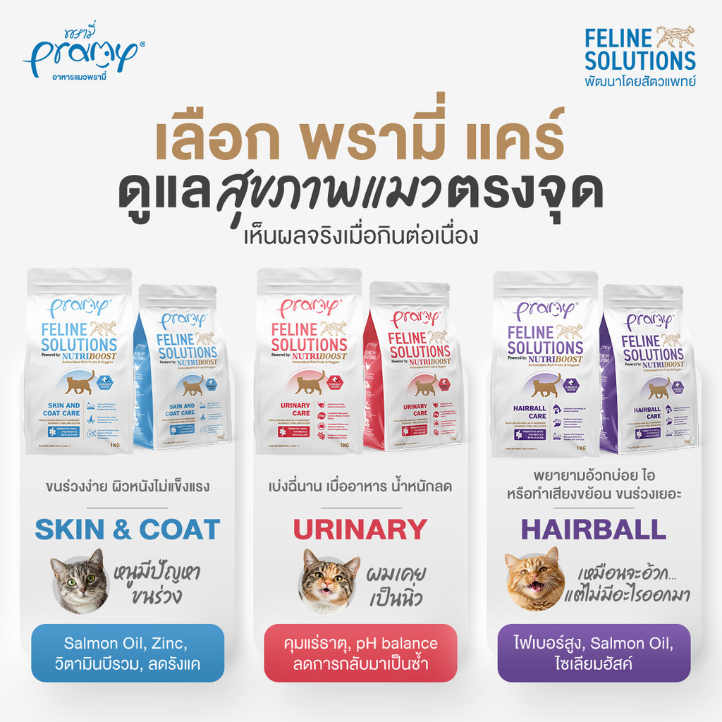Pramy Feline Solutions พรามี่ แคร์ อาหารเม็ดแมว เพื่อสุขภาพ พัฒนาโดยสัตวแพทย์ ขนาด 2.3 KG