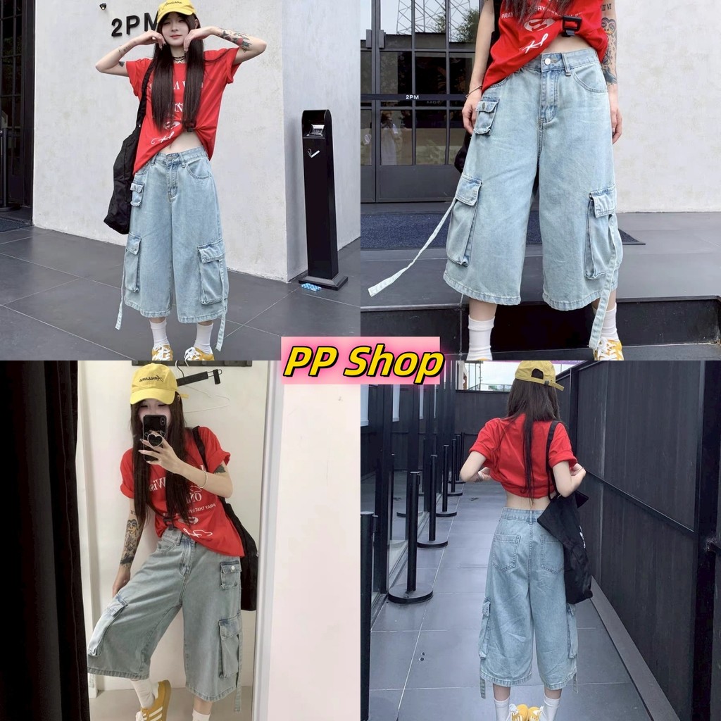 💜PP Shop​💜พร้อมส่ง กางเกงยีนส์ เอวสูง กางเกงทรงกระบอก กางเกงขากว้าง ขาสั้น 4ส่วน สีฟ้าเฟด ใส่สบาย กา