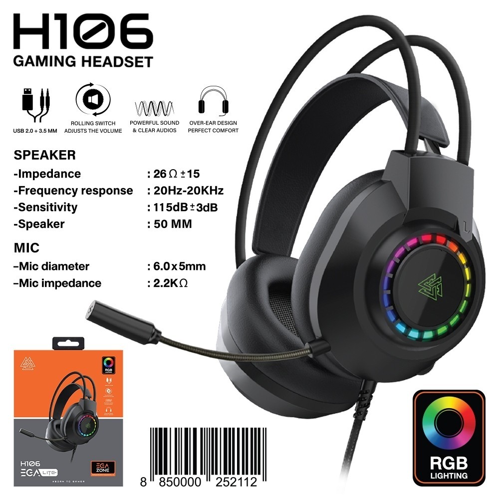 EGA H106 Lite Gaming Headset หูฟังเกมมิ่ง เชื่อมต่อผ่านสาย USB + 2 Jack 3.5mm
