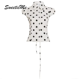 SweeticMe เสื้อสตรี 2025 แฟชั่นใหม่ ลายจุด สลิมฟิต แขนพัฟ ผู…
