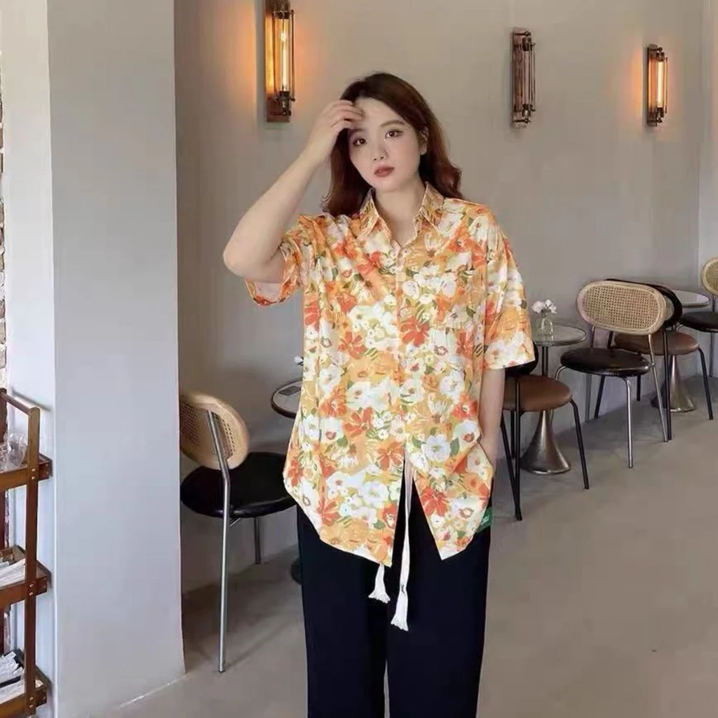 เสื้อฮาวายผู้หญิง ลายดอก สีส้ม ผ้าไหมอิตาลี thumbnail 5