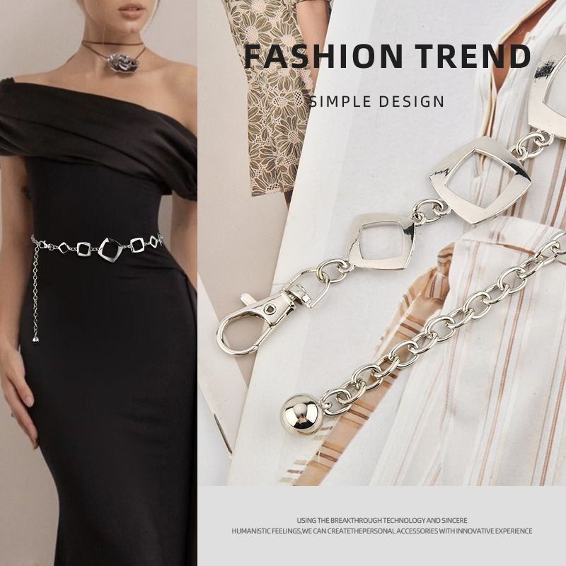 Geometric Metal Waist Chain for Women High-End Silver Fashion Waist Accessory Street Style Y2K