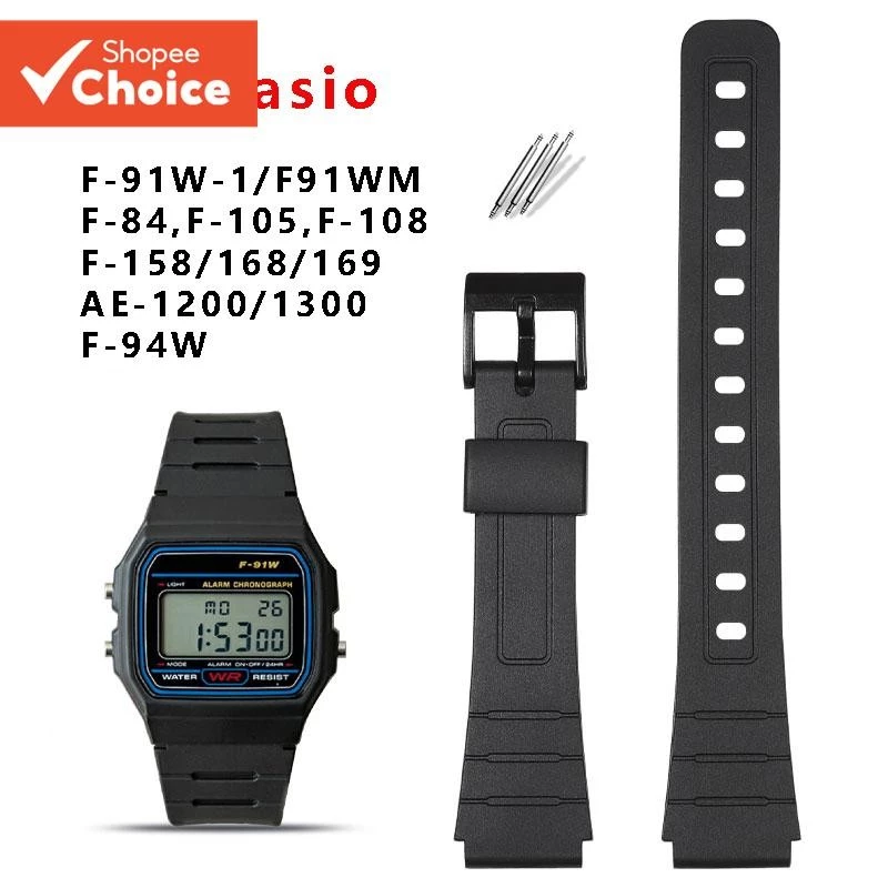 สายนาฬิกาสําหรับ Casio F91W A168 A158 AE1200 สายเรซินพร้อมหมุดสีดํา