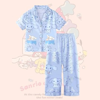 PINKชุดนอนเด็กแขนสั้นขายาว คอปก กระดุม มีกระเป๋าหน้า ผ้าคอตต…