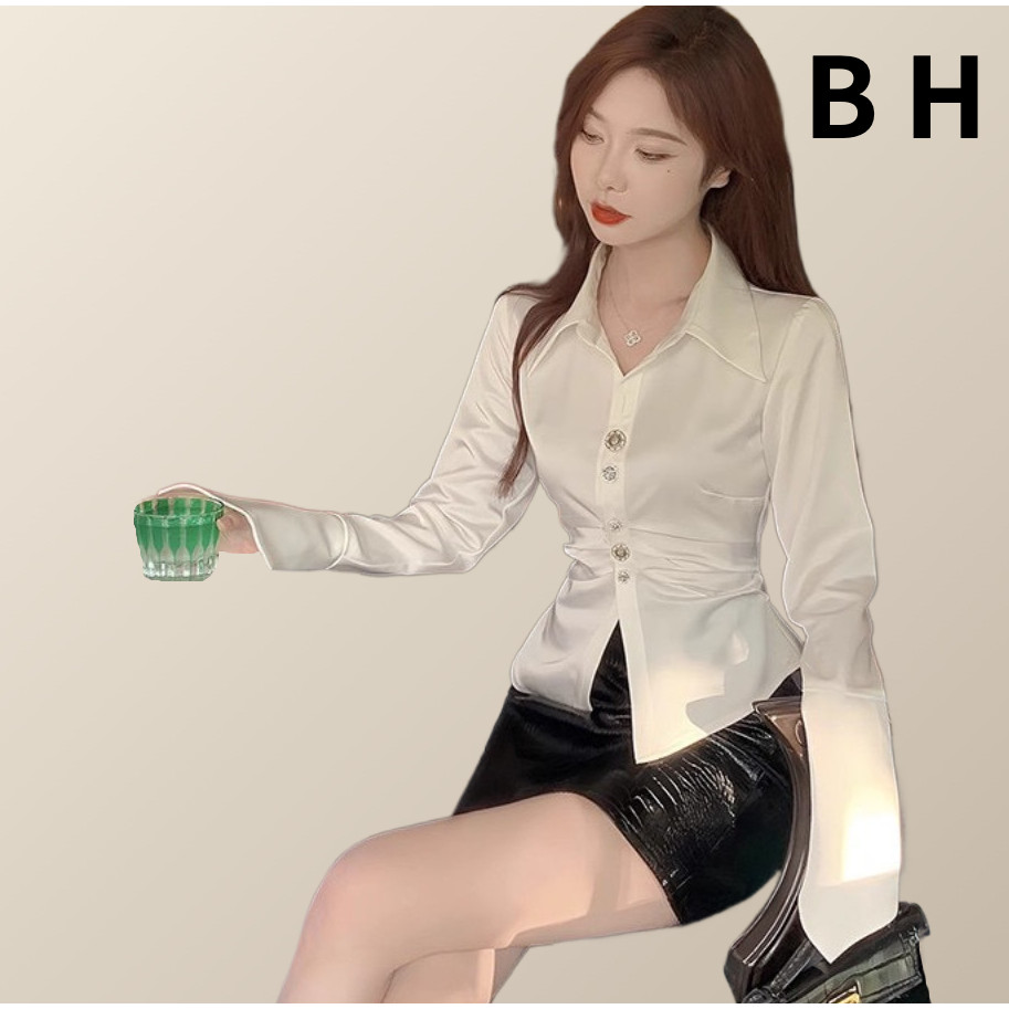ข ฝรั่งเศสมืออาชีพผู้หญิงแขนยาวเสื้อเชิ้ตสีขาวนุ่มคอปกโปโลเอวผิดปกติแขนแตร
