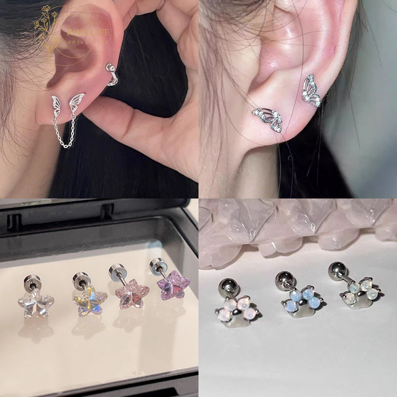 Roselife 1 Pc S925 Silver Plated Shining คริสตัลผีเสื้อ Star สกรูต่างหูสําหรับแฟชั่นผู้หญิง Pierced หู Studs