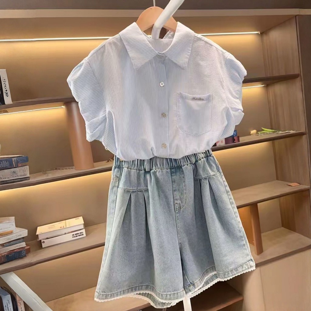 Lemon-tree 3-15Y เสื้อเชิ้ตลายทางสําหรับเด็กผู้หญิงกางเกงขาสั้นผ้ายีนส์สูทฤดูร้อนนักเรียนมัธยมต้นปกแ