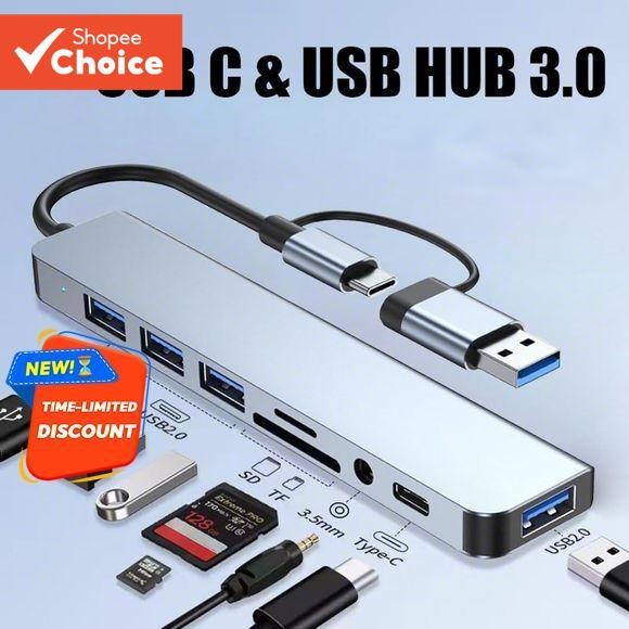พอร์ต USB HUB 8 in 2 Type C Expander พร้อม TF SD Reader 3.5 มม.เอาต์พุตเสียง PD สําหรับแล็ปท็อปพีซี