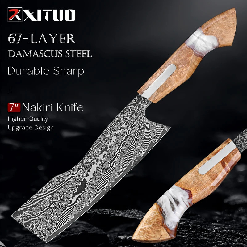 Japanese Nakiri Knife 7" Damascus Steel 67 Layers Chef Knife Professional Kitchen Knife for Vegetabl