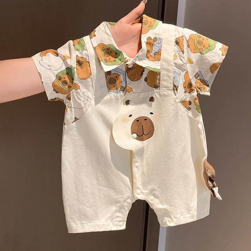 ฤดูร้อนใหม่เสื้อผ้าเด็กชายหญิงบอดี้สูทแขนสั้น 0-24 เดือนผ้าฝ้ายแท้บาง สุด ๆ หล่อการ์ตูนหมี ประกบกัน ชุดรอมเปอร์ สไตล์เกาหลี